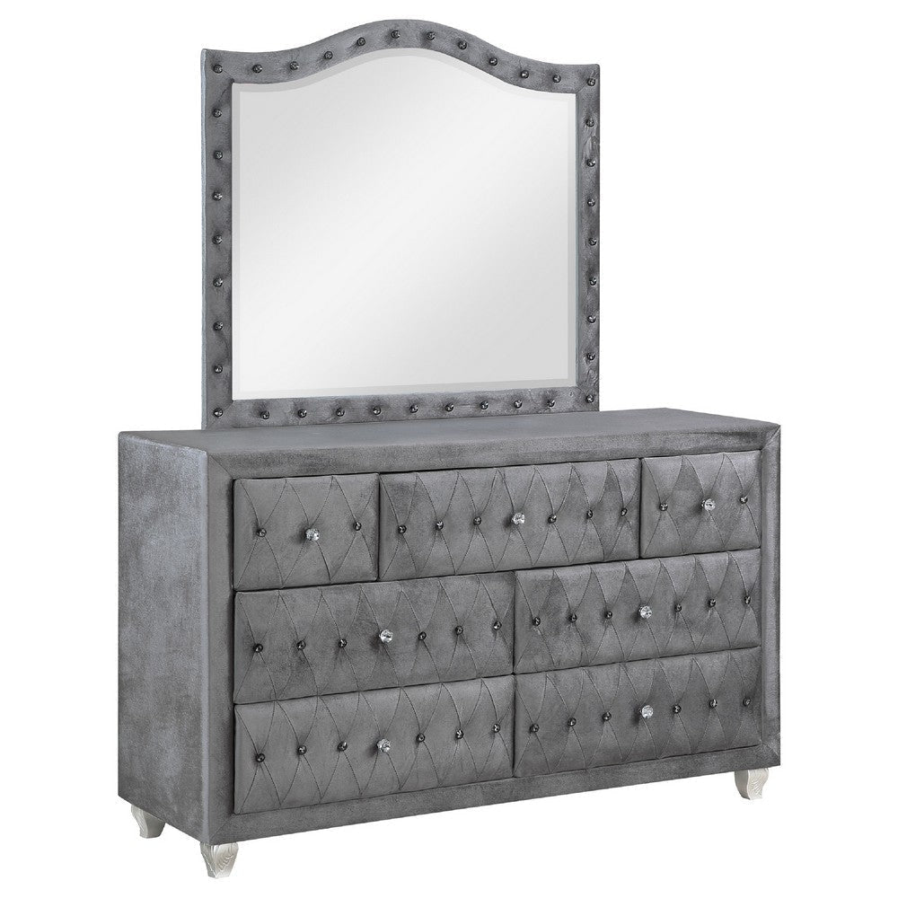 Leine Wide Dresser with Mirror and 7 Drawers | Gray Tufted Velvet