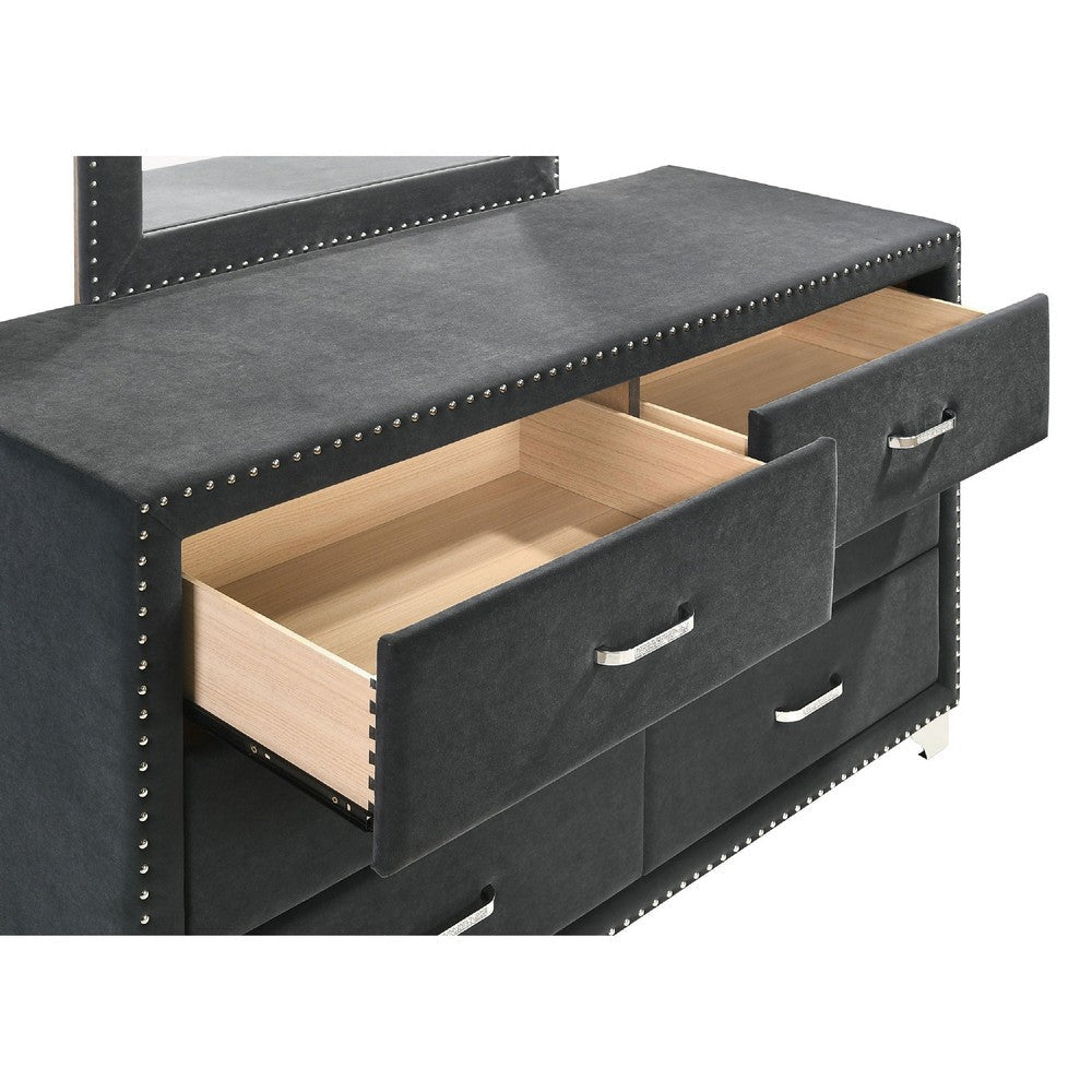 Giya Wide Dresser with Rectangular Rivet Trim Mirror | Gray Velvet BM339985