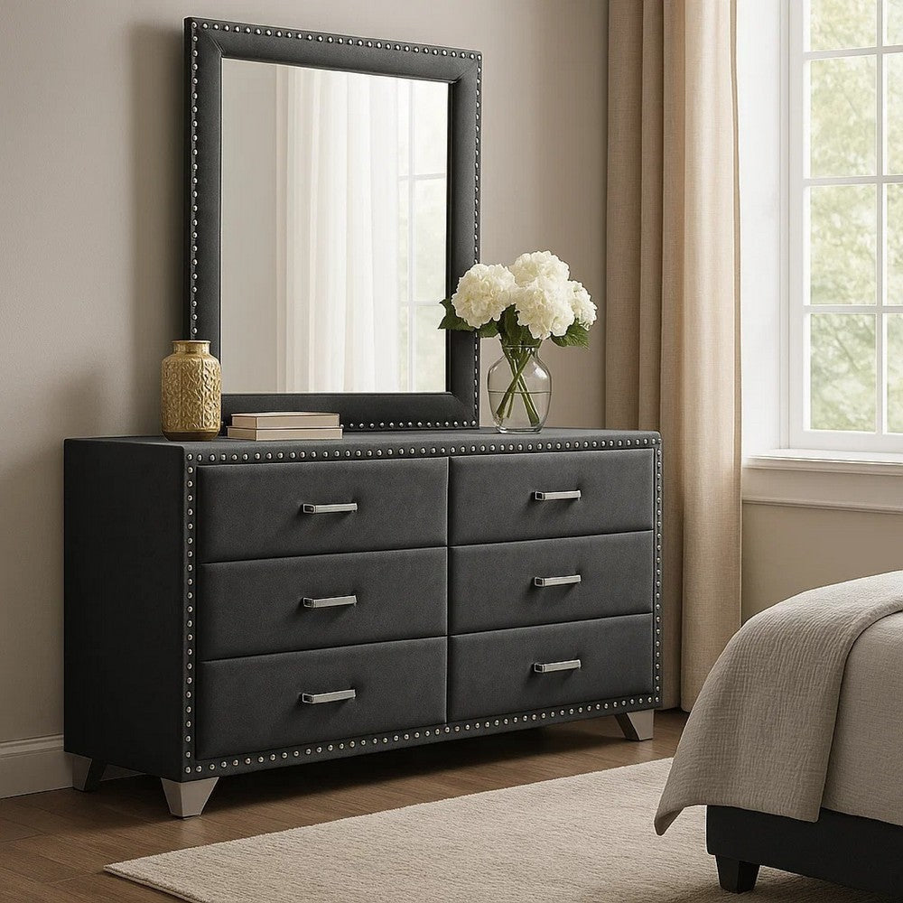 Giya Wide Dresser with Rectangular Rivet Trim Mirror | Gray Velvet BM339985