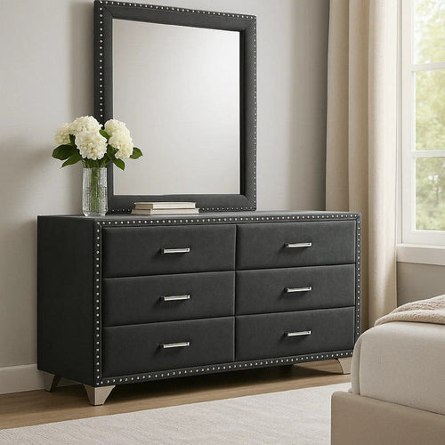 Giya Wide Dresser with Rectangular Rivet Trim Mirror | Gray Velvet