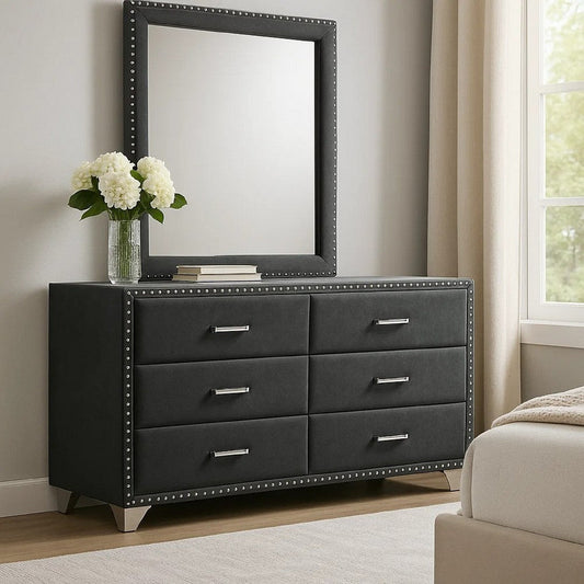 Giya Wide Dresser with Rectangular Rivet Trim Mirror | Gray Velvet