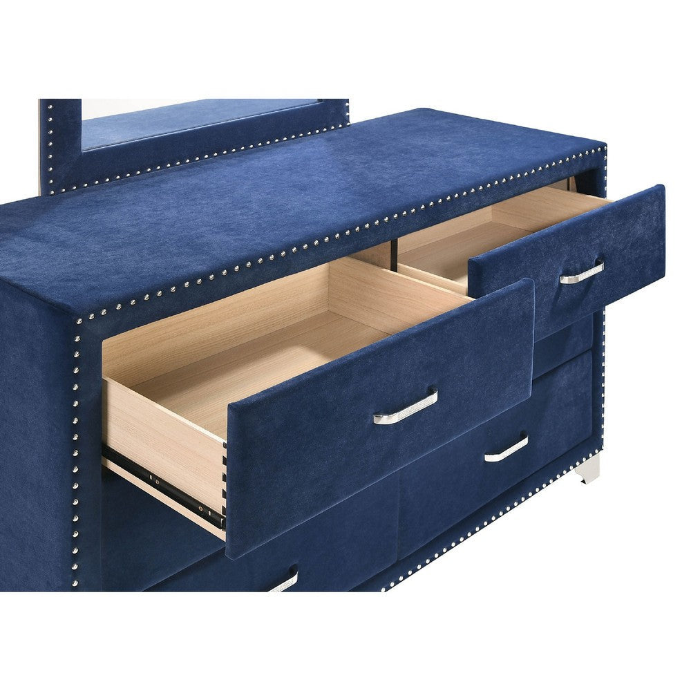Giya Wide Dresser and Rectangular Rivet Trim Mirror | Navy Blue Velvet BM339986