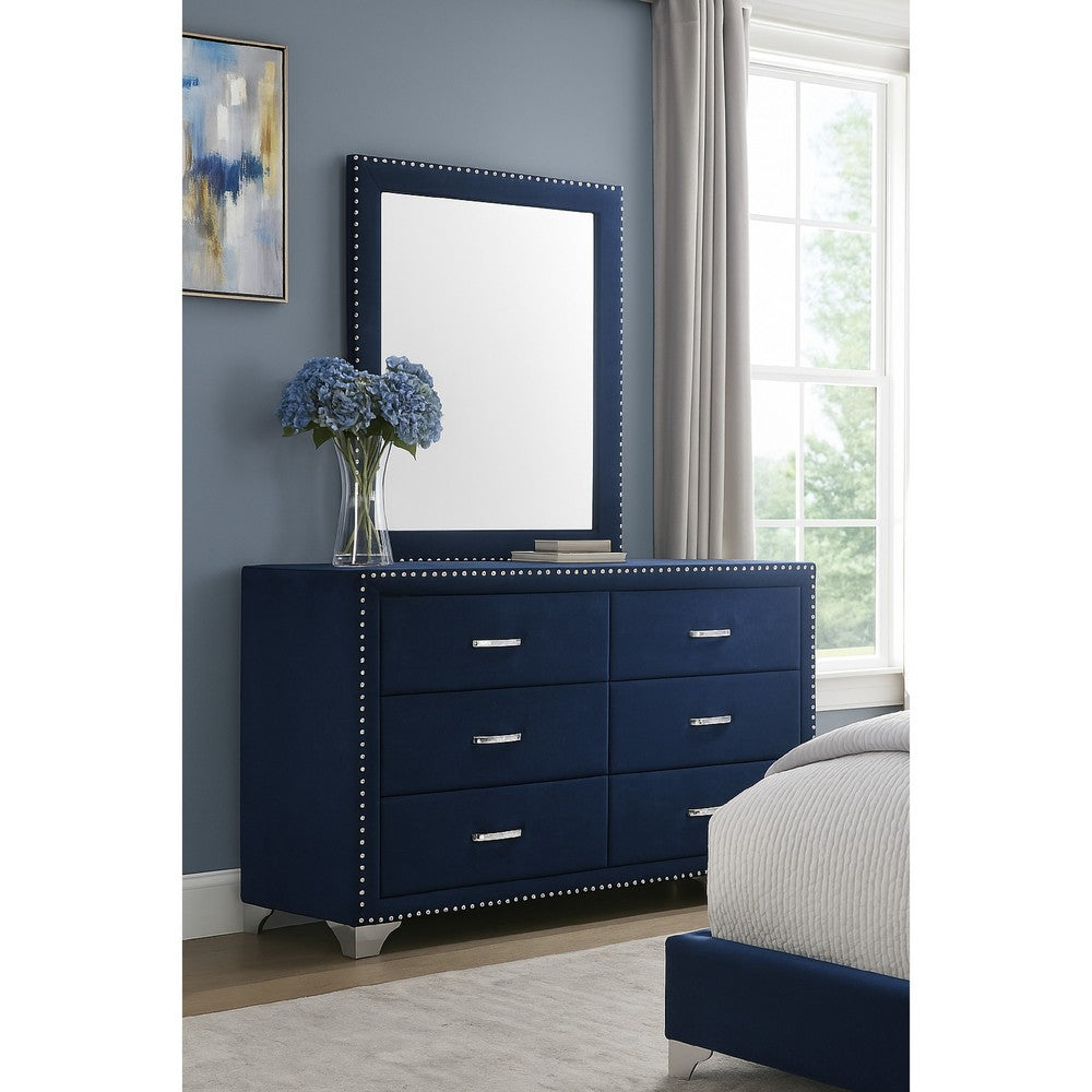 Giya Wide Dresser and Rectangular Rivet Trim Mirror | Navy Blue Velvet