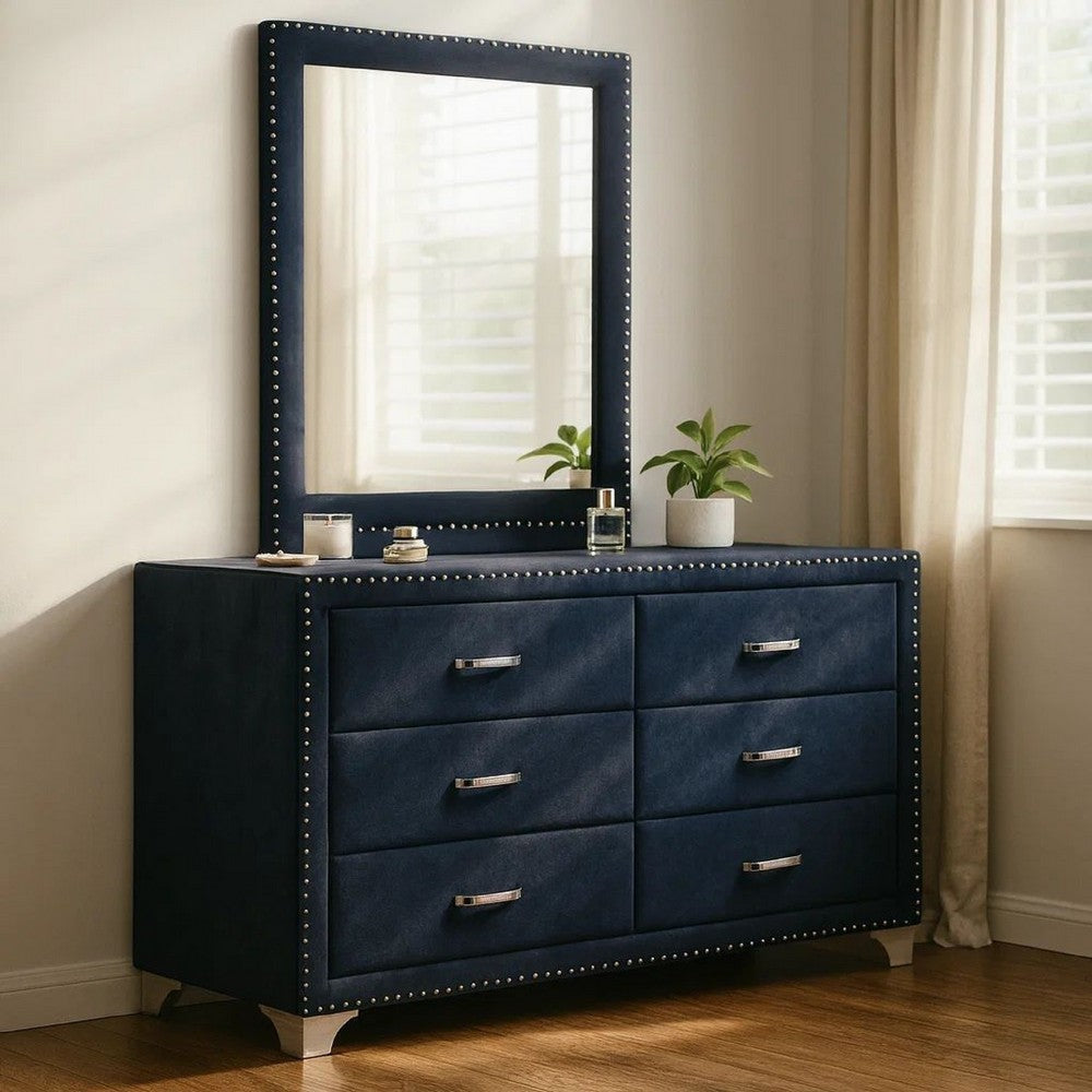 Giya Wide Dresser and Rectangular Rivet Trim Mirror | Navy Blue Velvet