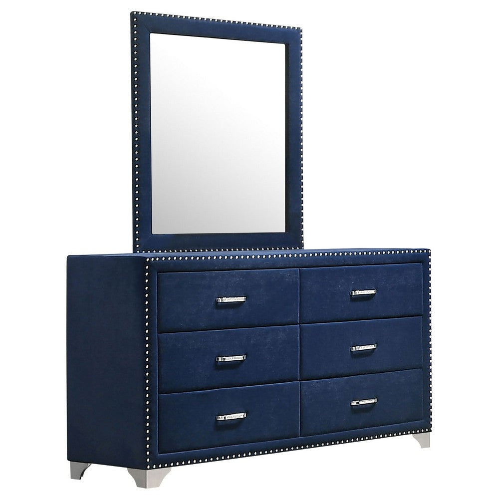 Giya Wide Dresser and Rectangular Rivet Trim Mirror | Navy Blue Velvet