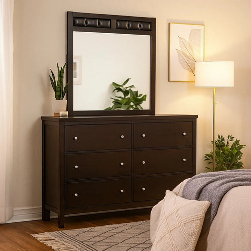 Con Wide Dresser with Wide Top Mirror | 6 Drawers | Brown Wood