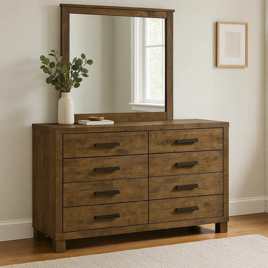 Frio 2pc Wide Dresser and Mirror Set | 8 Drawers | Golden Brown Wood