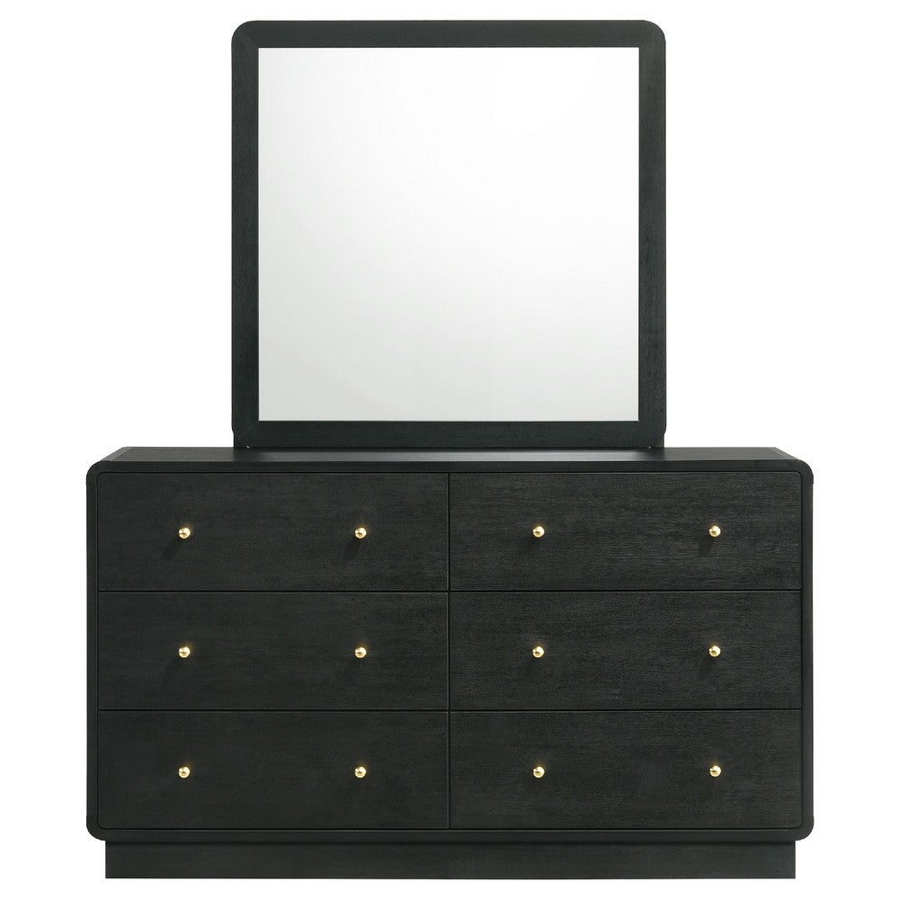 Cavy Wide Dresser with Matching Mirror | 6 Drawers | Black Wood | Gold