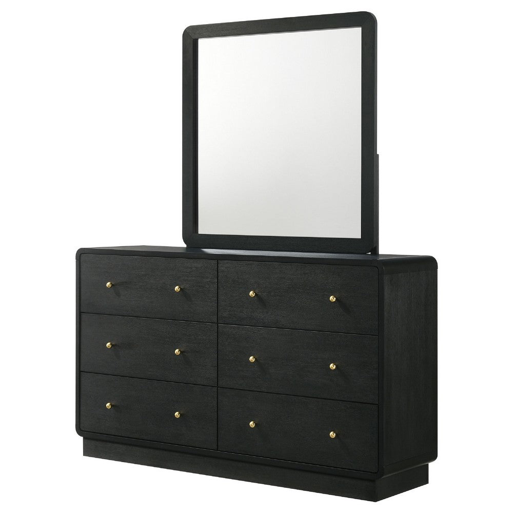 Cavy Wide Dresser with Matching Mirror | 6 Drawers | Black Wood | Gold