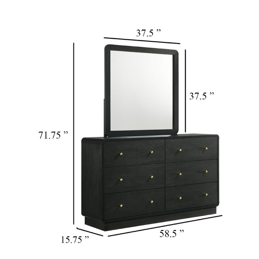 Cavy Wide Dresser with Matching Mirror | 6 Drawers | Black Wood | Gold
