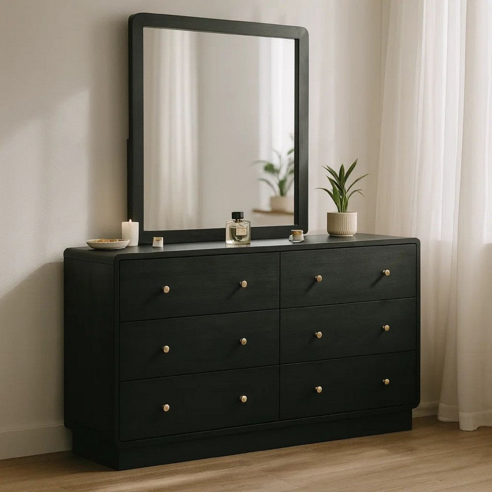 Cavy Wide Dresser with Matching Mirror | 6 Drawers | Black Wood | Gold