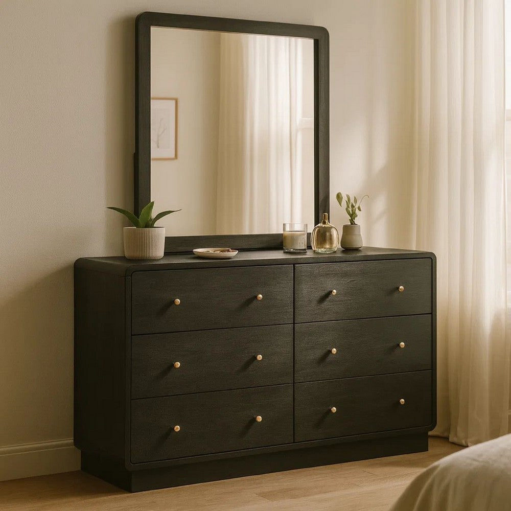 Cavy Wide Dresser with Matching Mirror | 6 Drawers | Black Wood | Gold