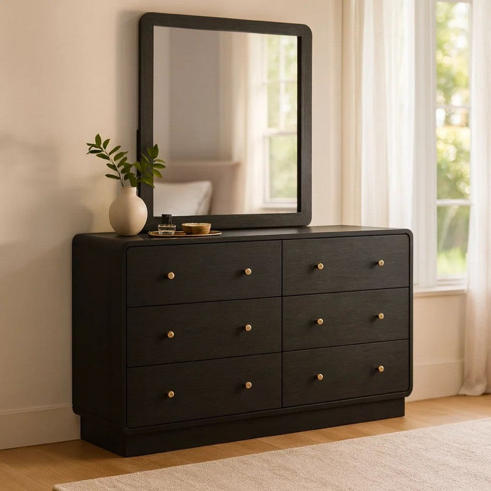 Cavy Wide Dresser with Matching Mirror | 6 Drawers | Black Wood | Gold