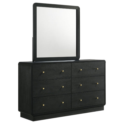 Cavy Wide Dresser with Matching Mirror | 6 Drawers | Black Wood | Gold