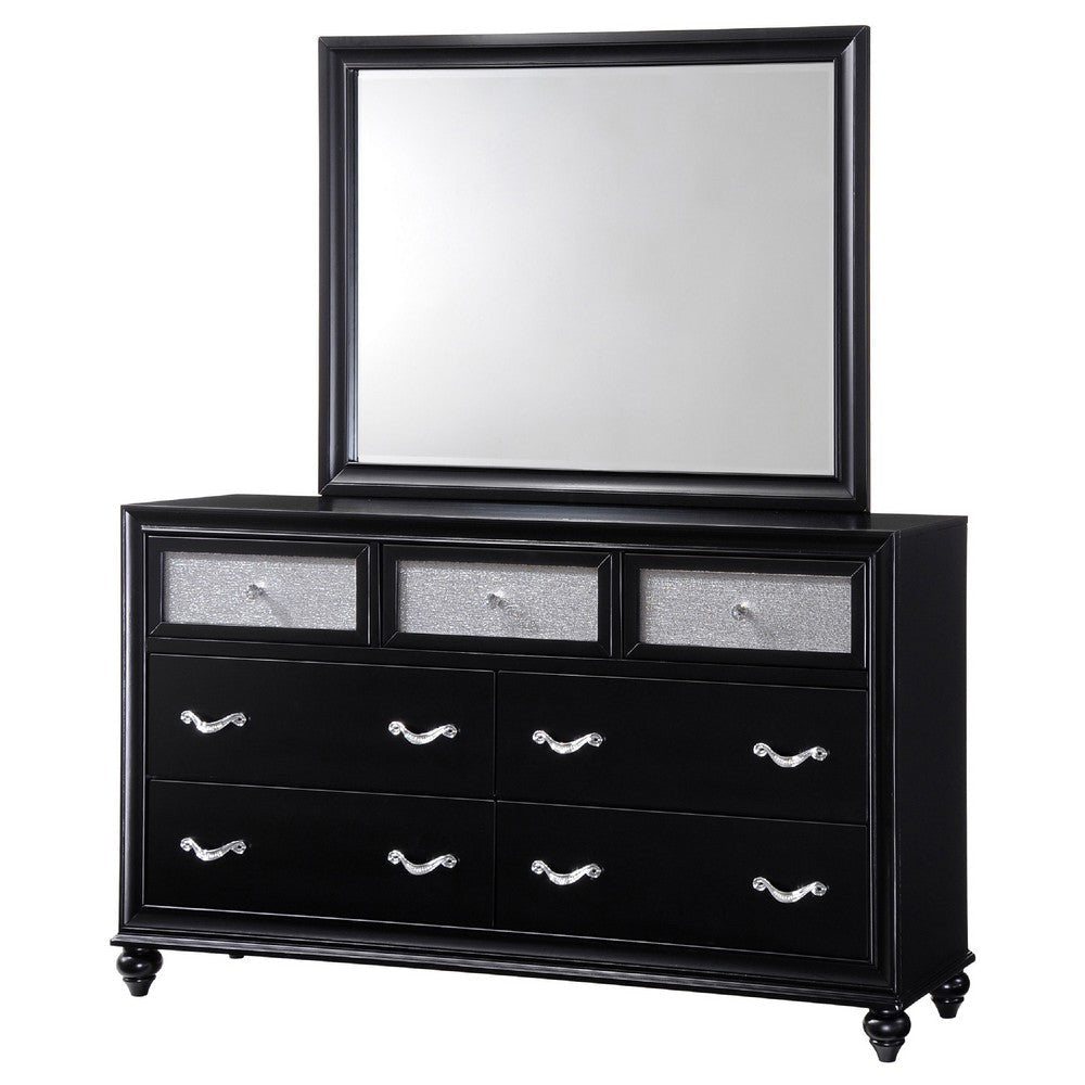 Dini Wide Dresser with Mirror | 7 Glitter Accent Drawers | Black Wood BM339992