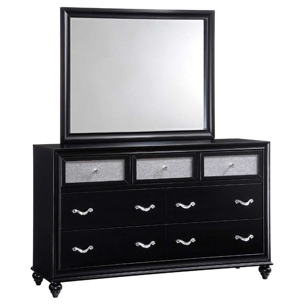 Dini Wide Dresser with Mirror | 7 Glitter Accent Drawers | Black Wood