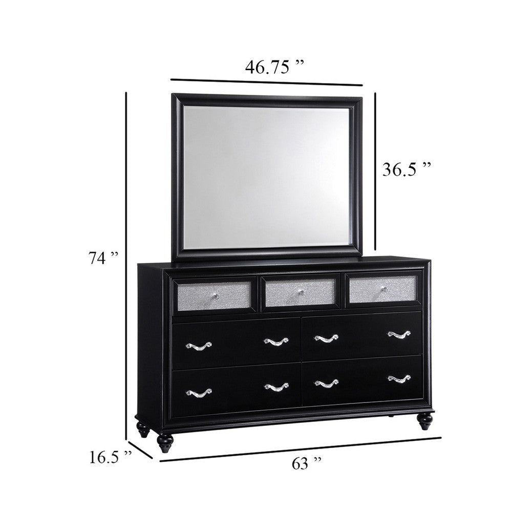 Dini Wide Dresser with Mirror | 7 Glitter Accent Drawers | Black Wood BM339992