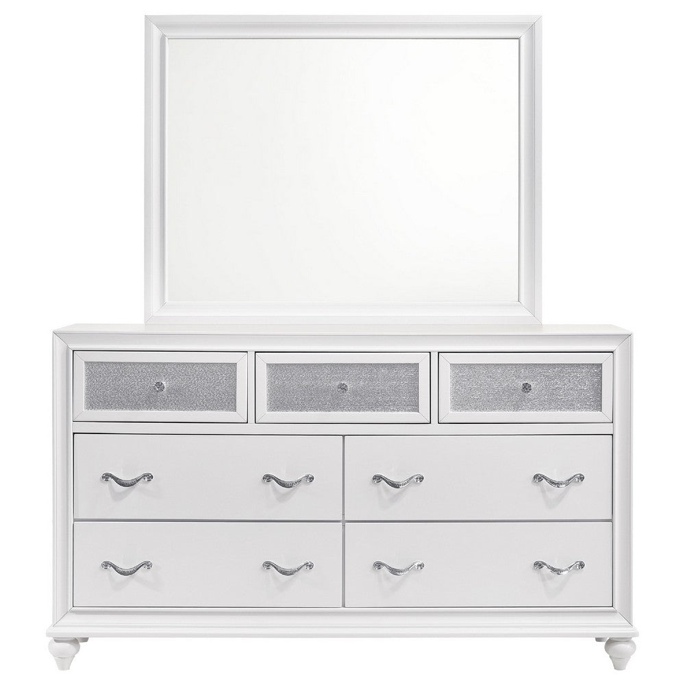 Dini Wide Dresser with Mirror | 7 Glitter Accent Drawers | White Wood