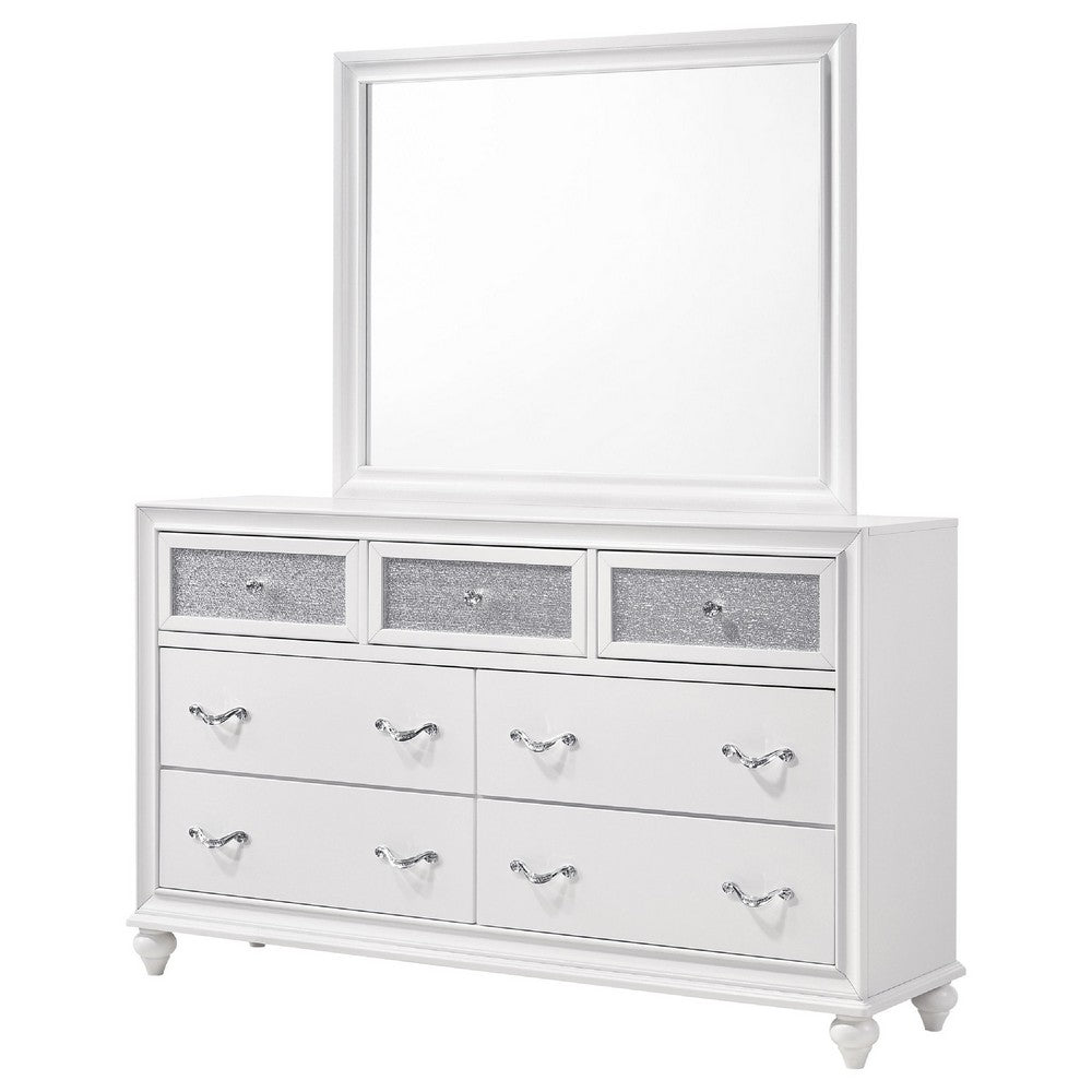Dini Wide Dresser with Mirror | 7 Glitter Accent Drawers | White Wood