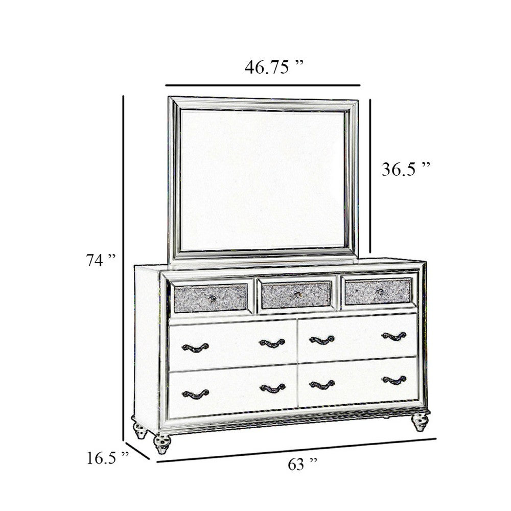 Dini Wide Dresser with Mirror | 7 Glitter Accent Drawers | White Wood