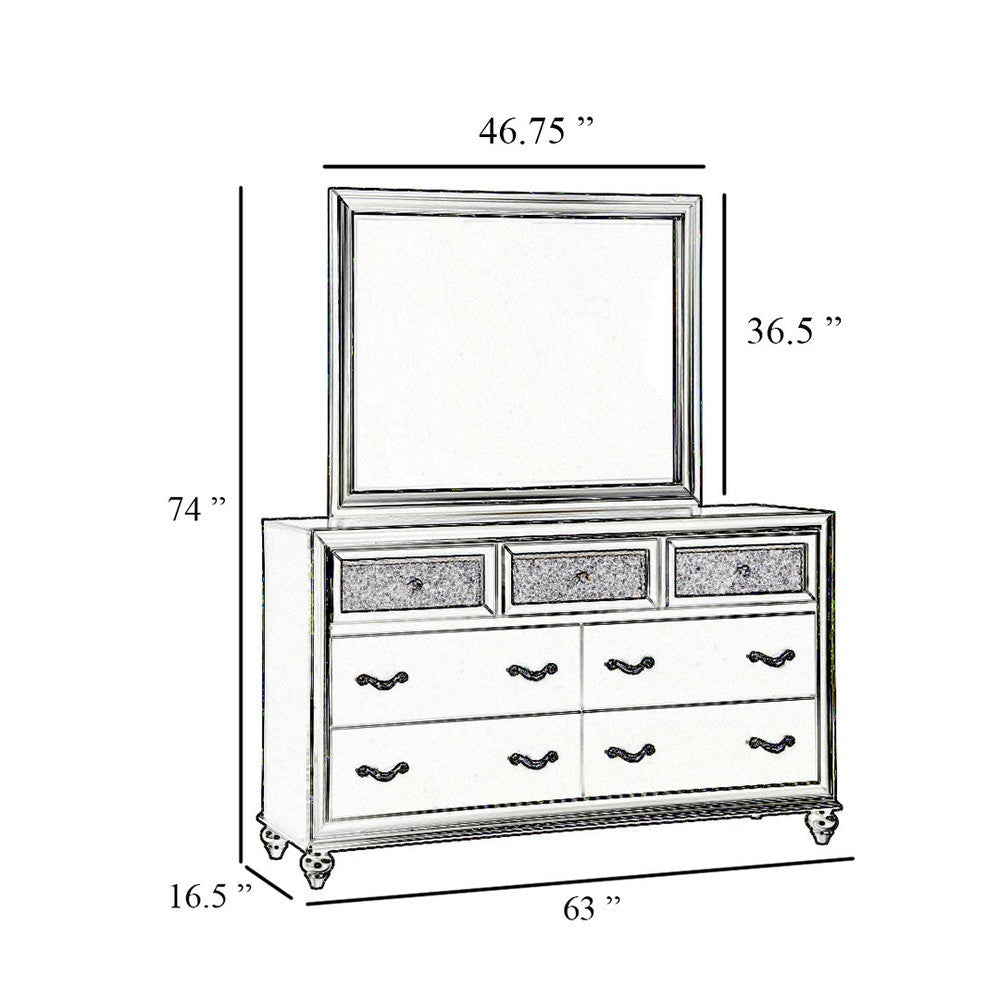 Dini Wide Dresser with Mirror | 7 Glitter Accent Drawers | White Wood BM339993