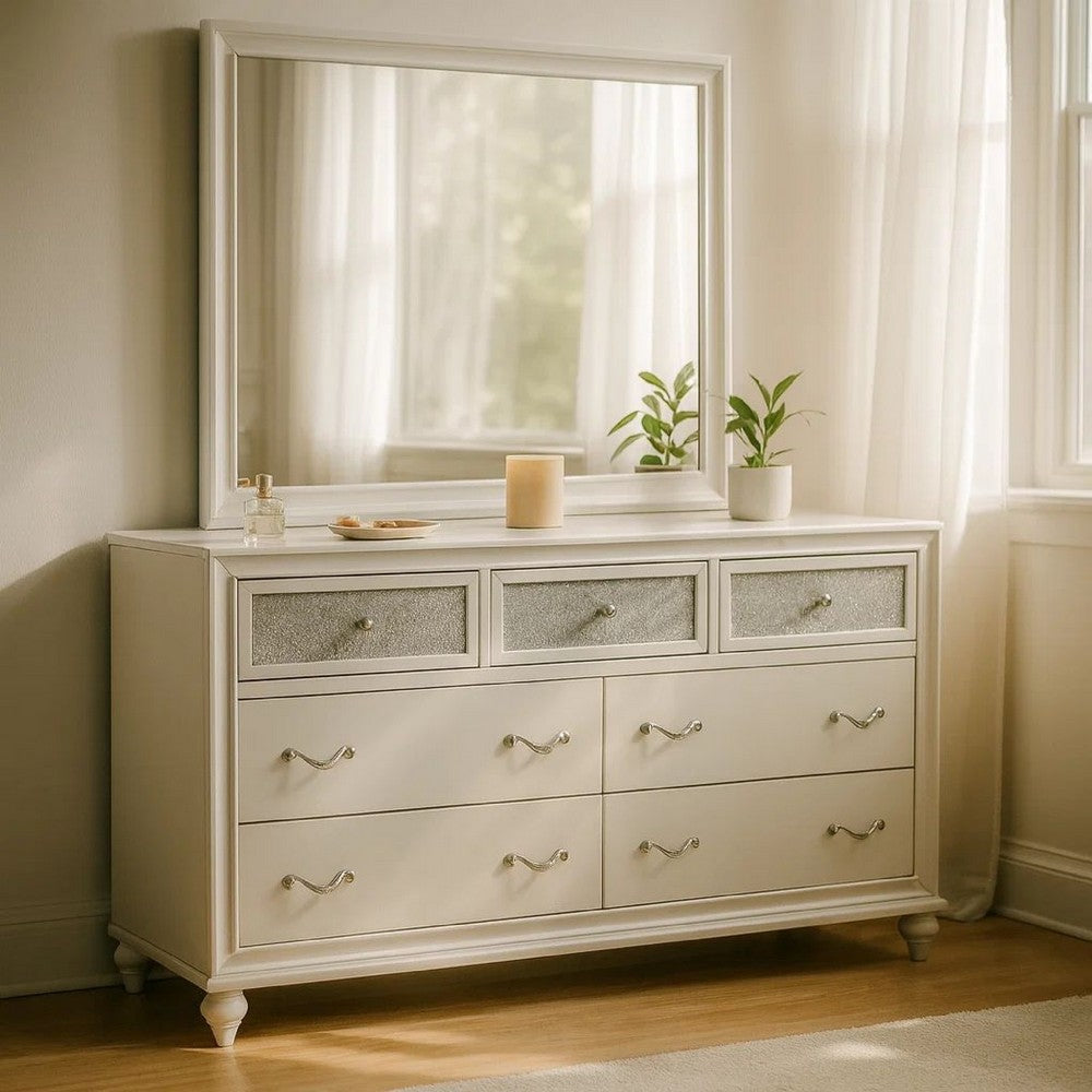 Dini Wide Dresser with Mirror | 7 Glitter Accent Drawers | White Wood