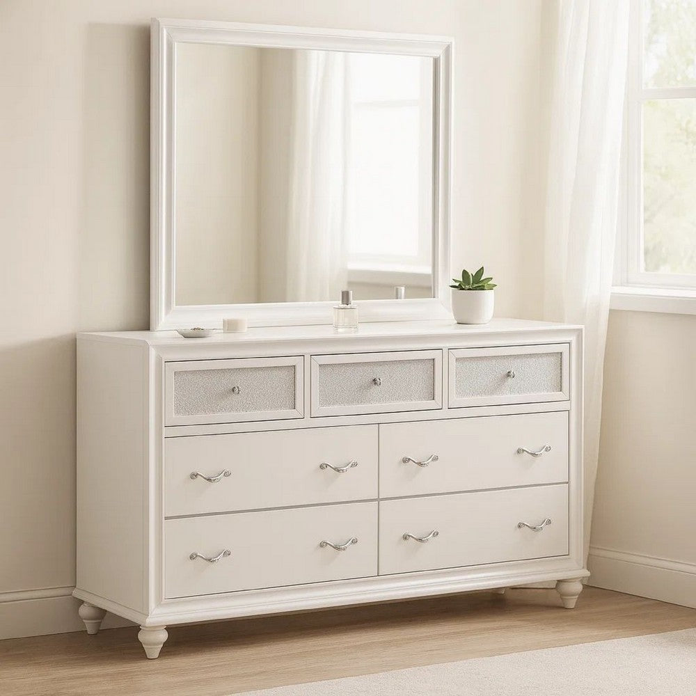 Dini Wide Dresser with Mirror | 7 Glitter Accent Drawers | White Wood