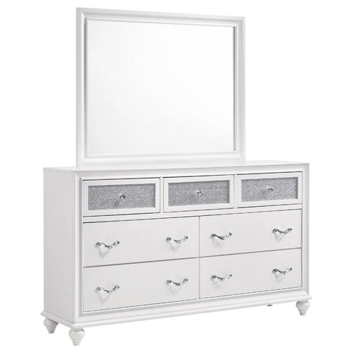Dini Wide Dresser with Mirror | 7 Glitter Accent Drawers | White Wood