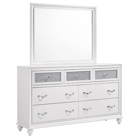 Dini Wide Dresser with Mirror | 7 Glitter Accent Drawers | White Wood