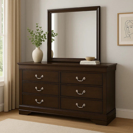 Nim Wide Dresser and Mirror with Molded Trim | 6 Drawers | Dark Brown