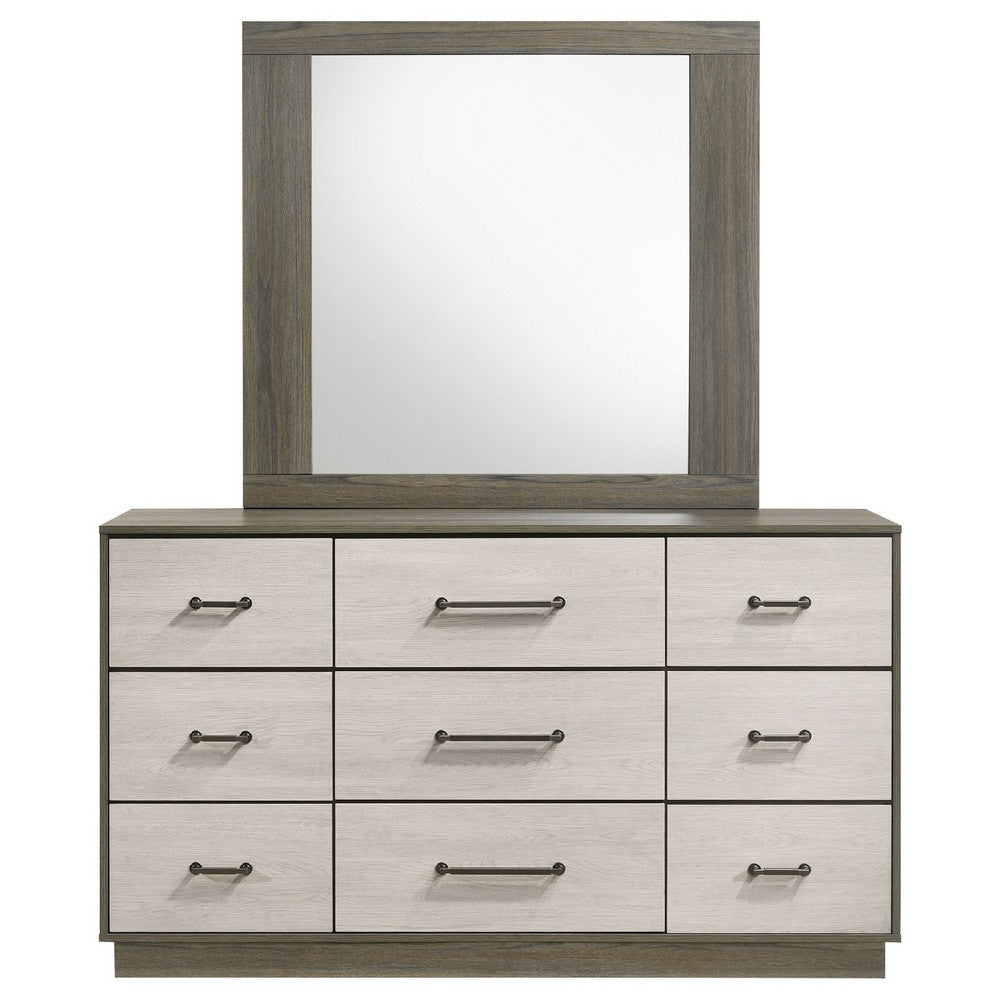 Fene Wide Dresser with Rectangle Mirror | 9 Drawers | Gray-Almond Wood BM339996