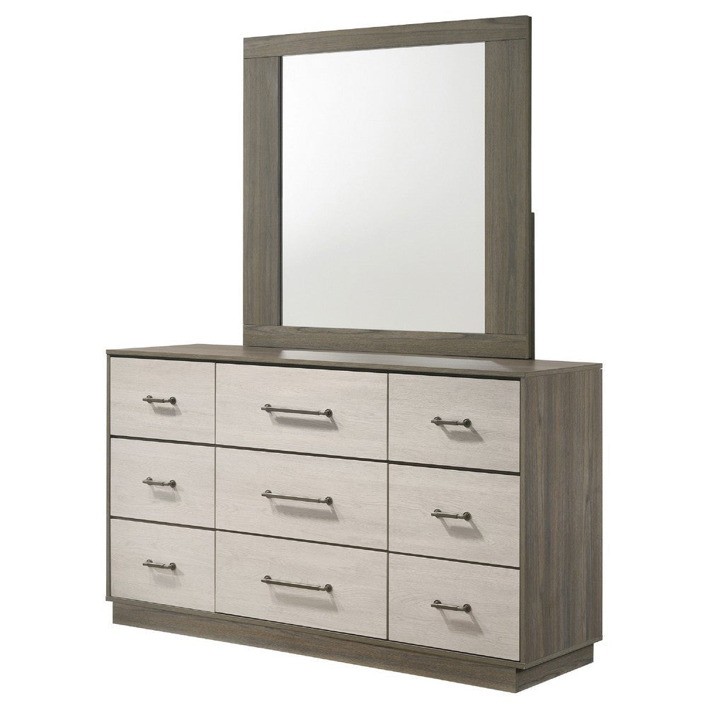 Fene Wide Dresser with Rectangle Mirror | 9 Drawers | Gray-Almond Wood BM339996
