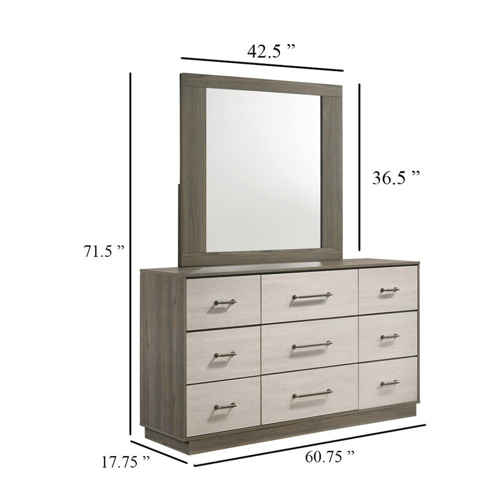 Fene Wide Dresser with Rectangle Mirror | 9 Drawers | Gray-Almond Wood BM339996