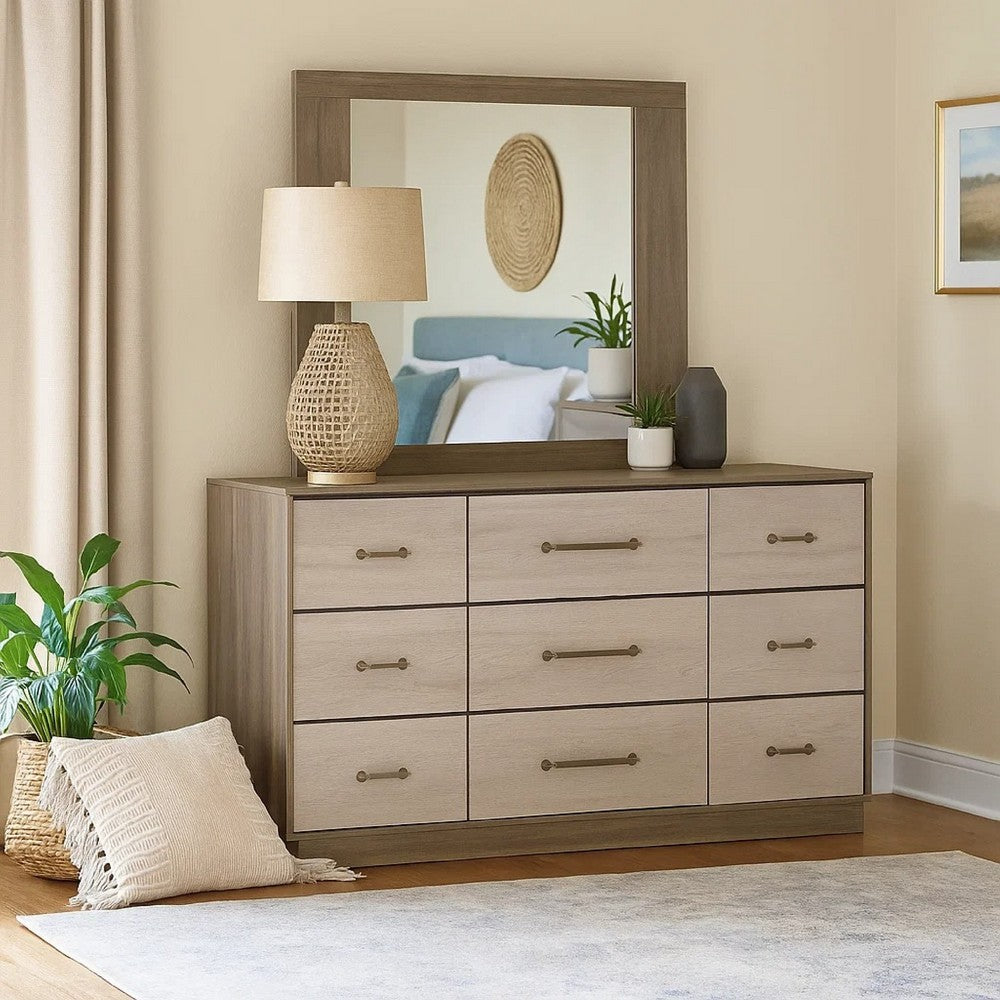 Fene Wide Dresser with Rectangle Mirror | 9 Drawers | Gray-Almond Wood