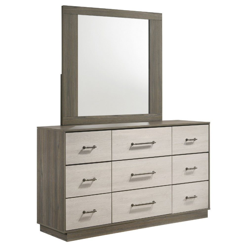 Fene Wide Dresser with Rectangle Mirror | 9 Drawers | Gray-Almond Wood