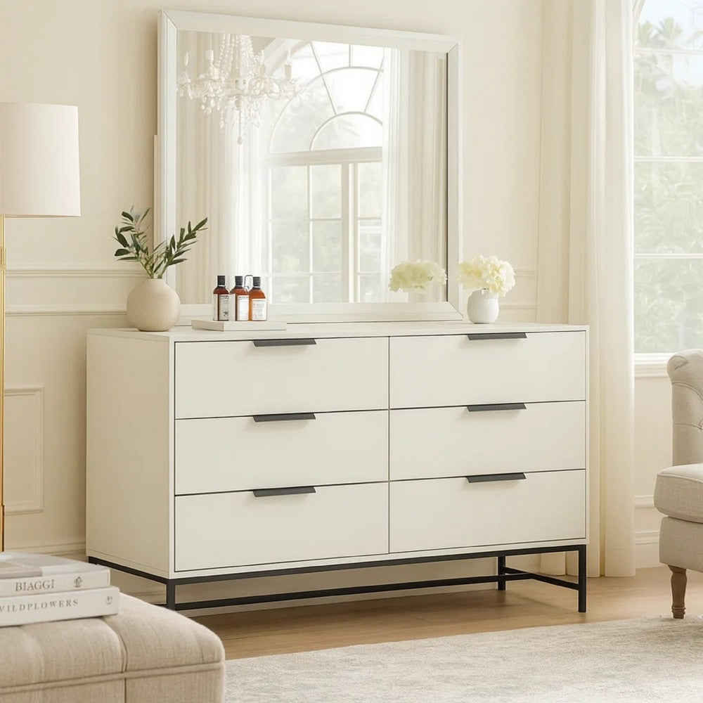 Noro 2 Piece Modern Wide Dresser and Mirror Set | 6 Drawers | White