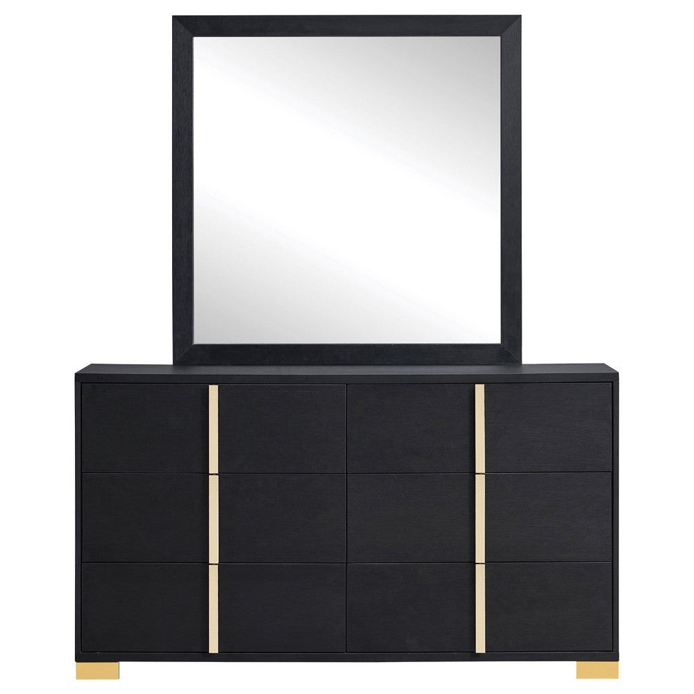 Dex Wide 6 Drawer Dresser and Mirror | Contemporary Gold Metal | Black