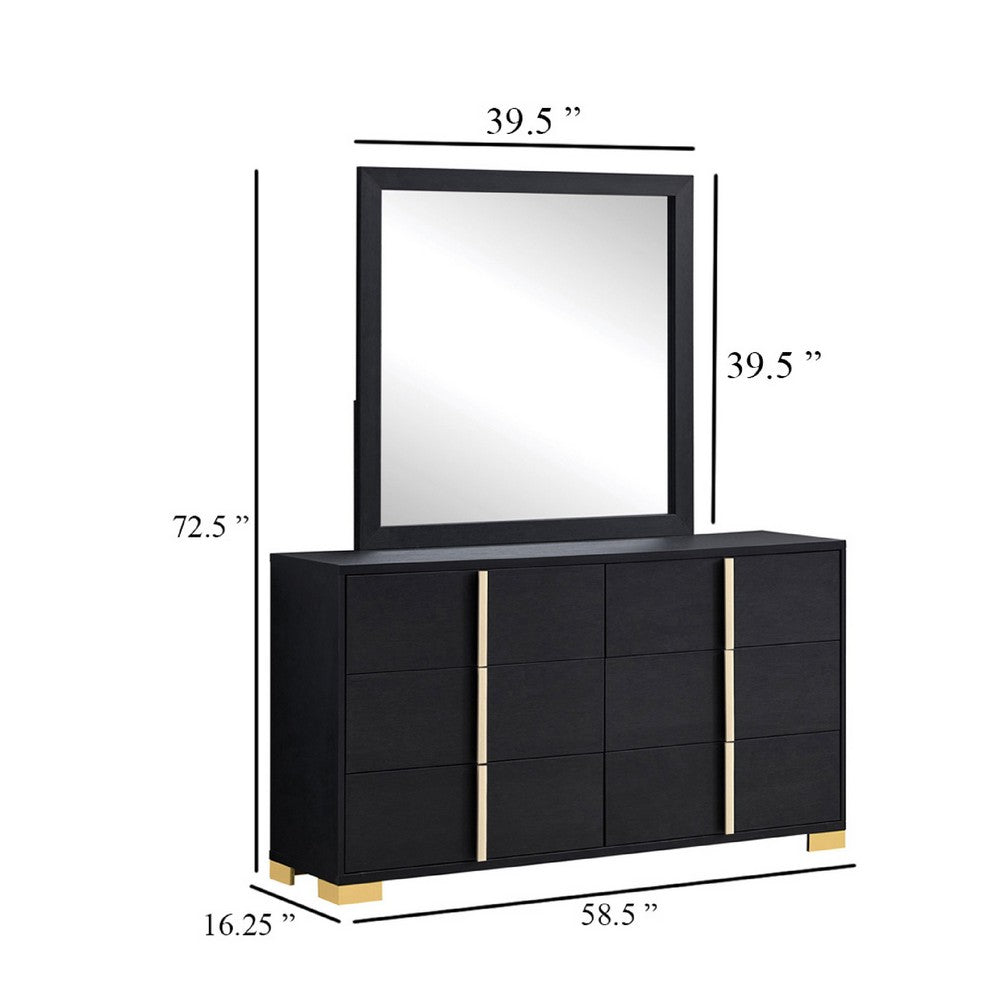Dex Wide 6 Drawer Dresser and Mirror | Contemporary Gold Metal | Black