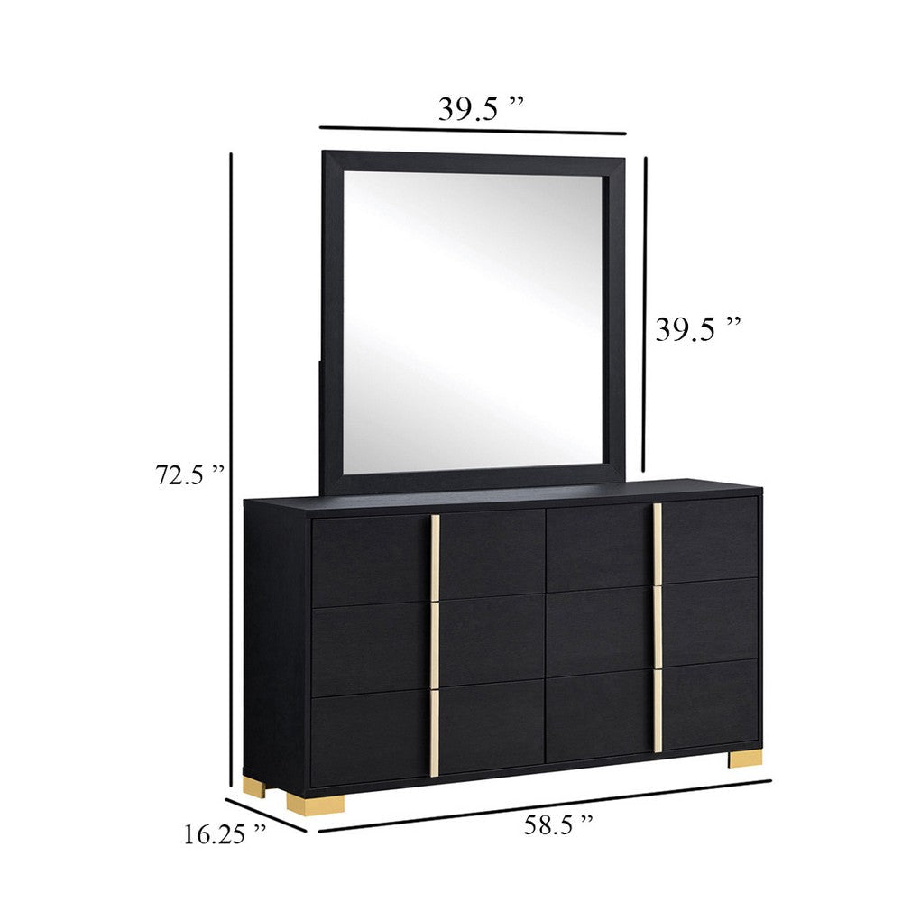 Dex Wide 6 Drawer Dresser and Mirror | Contemporary Gold Metal | Black BM339998