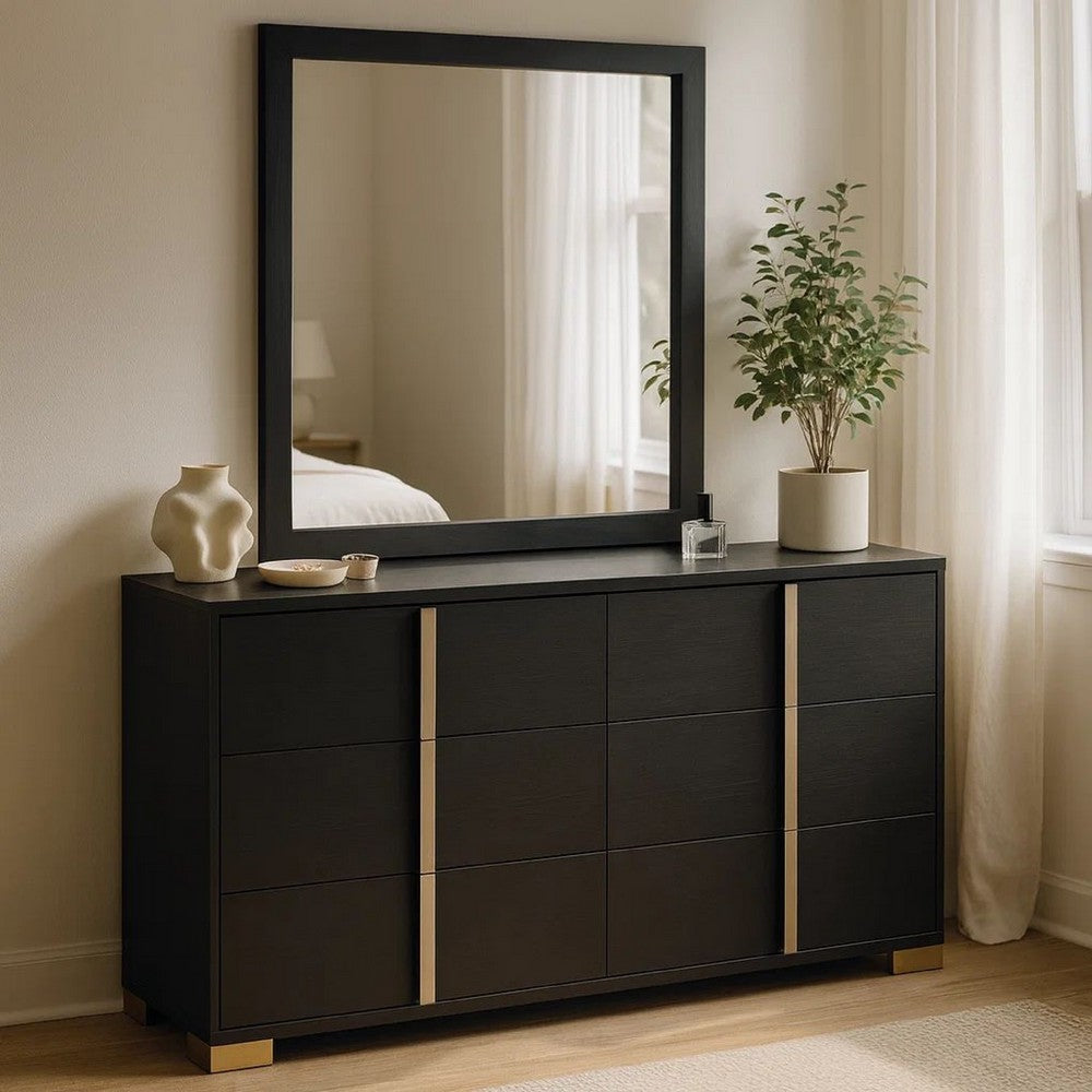Dex Wide 6 Drawer Dresser and Mirror | Contemporary Gold Metal | Black