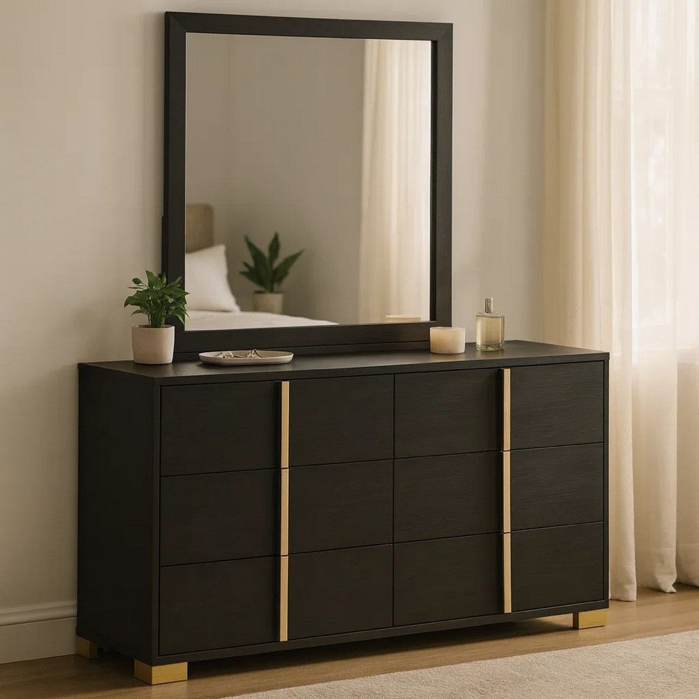 Dex Wide 6 Drawer Dresser and Mirror | Contemporary Gold Metal | Black