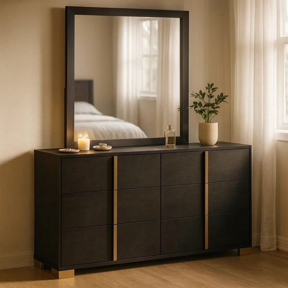 Dex Wide 6 Drawer Dresser and Mirror | Contemporary Gold Metal | Black
