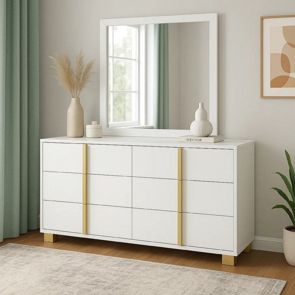 Dex Wide 6 Drawer Dresser with Mirror | Contemporary Gold | White BM339999