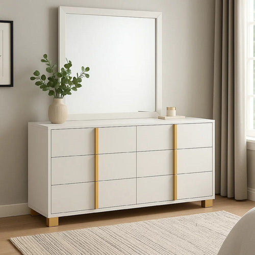 Dex Wide 6 Drawer Dresser with Mirror | Contemporary Gold | White