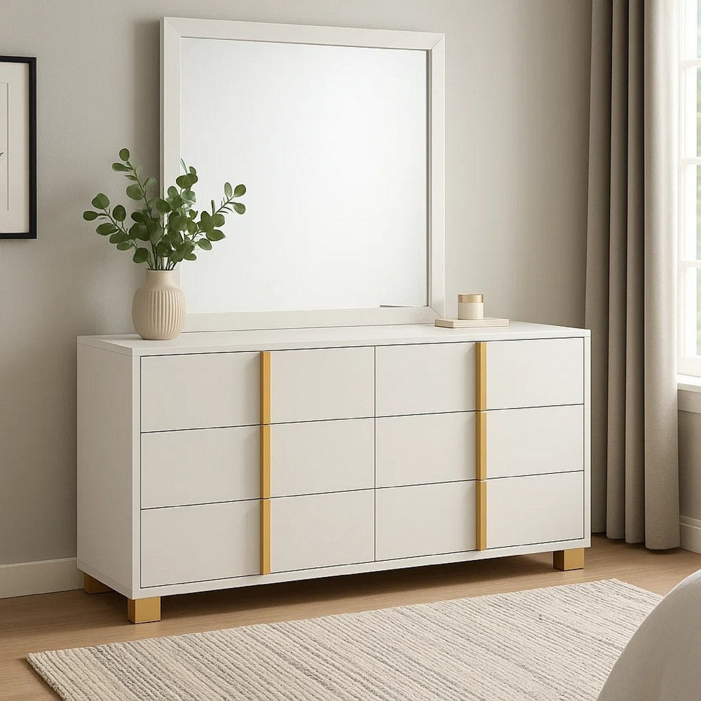 Dex Wide 6 Drawer Dresser with Mirror | Contemporary Gold | White