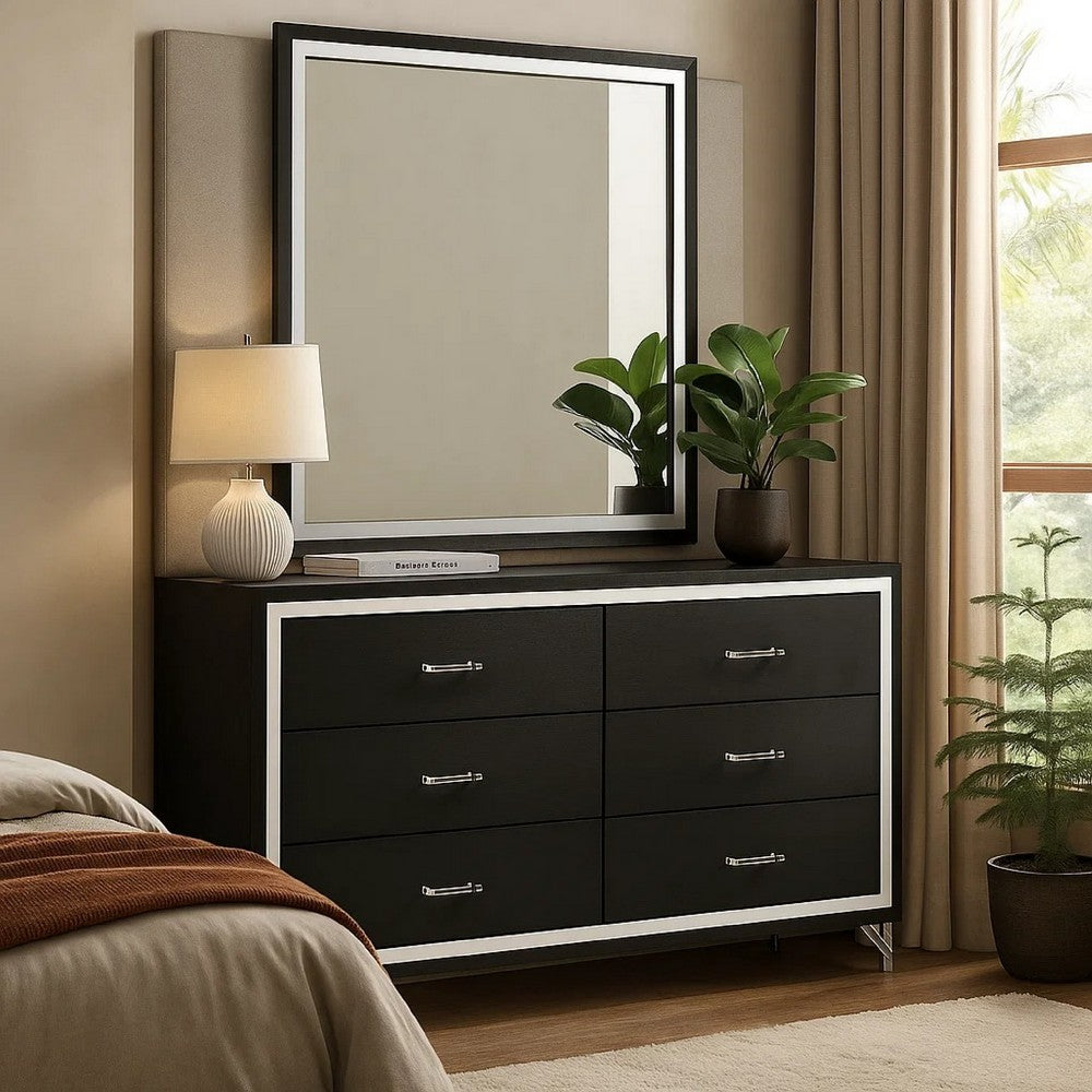 Jenny Wide Dresser with Mirror | Retro Modern Chrome Legs | Black