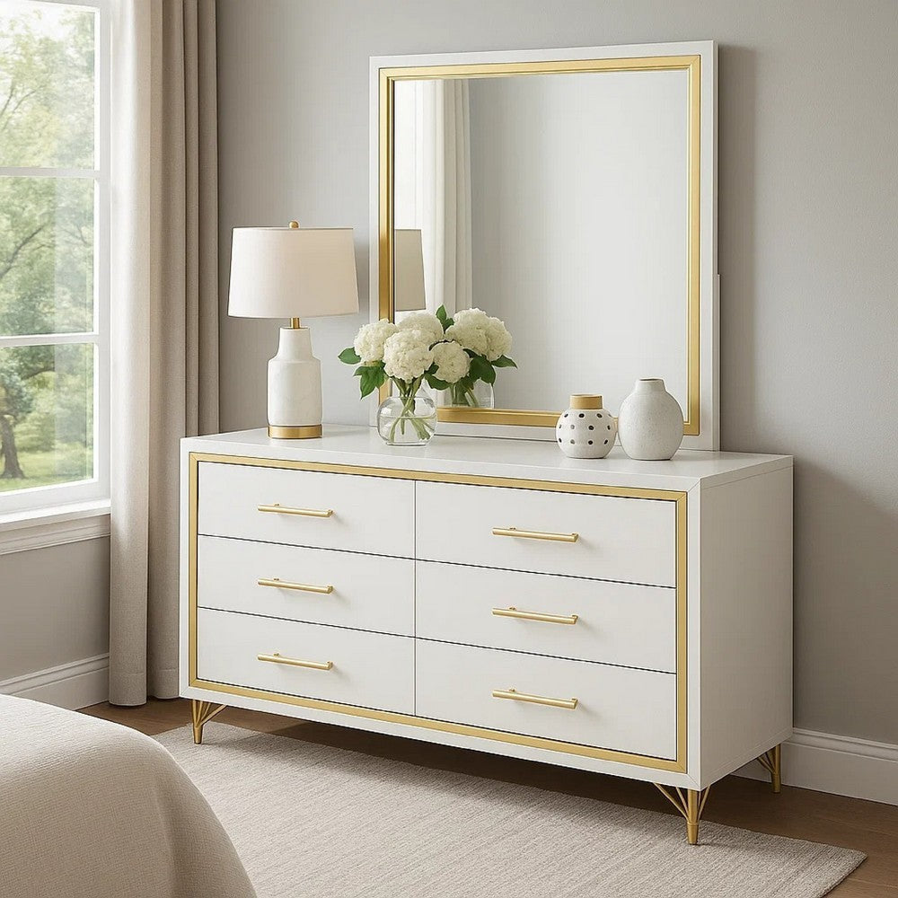 Jenny Wide Dresser with Mirror | Retro Modern Gold Legs | White
