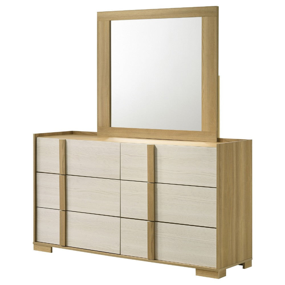 Hyle Wide Dresser with Mirror and 6 Drawers | Retro Brown and White BM340002