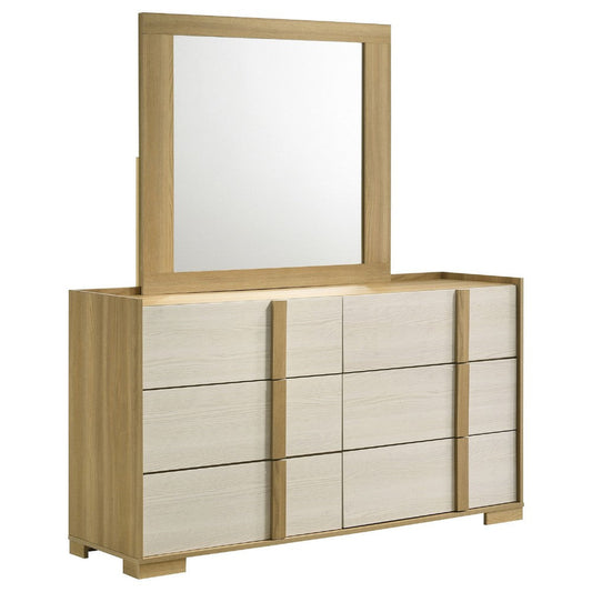 Hyle Wide Dresser with Mirror and 6 Drawers | Retro Brown and White