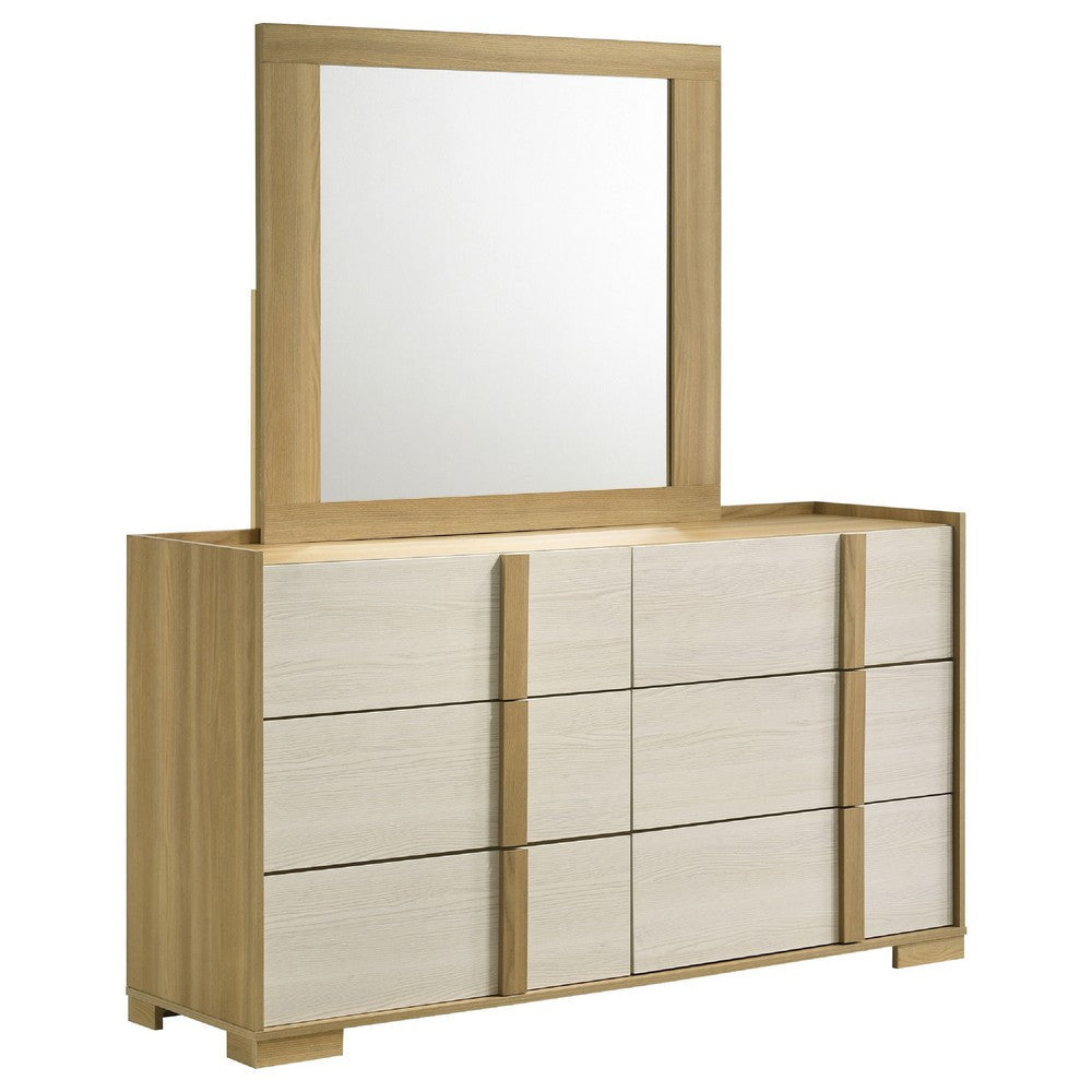Hyle Wide Dresser with Mirror and 6 Drawers | Retro Brown and White